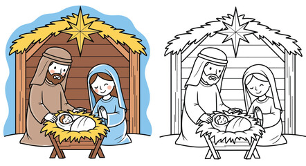 Christmas Nativity Scene Vector Illustration with Holy Family and Coloring Page Outline
