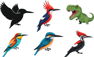 Cartoon Bird and Dinosaur Illustration Set Featuring Woodpecker, Kingfisher, Colorful Birds, Silhouette Style, and Cute T Rex Character for Wildlife and Kids Design