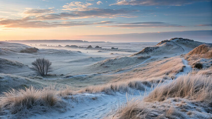 Frosty landscape at sunrise with mist rising over hills and paths in a quiet natural setting