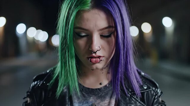 Intense portrait of a young woman with striking half-green, half-purple hair and multiple piercings