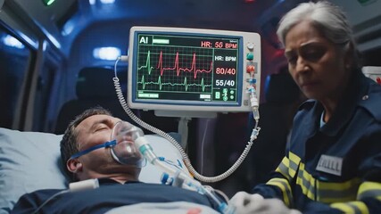 Intensive Care in Motion: Paramedic Monitoring Patient Vitals Inside a Futuristic Ambulance - Powered by Adobe