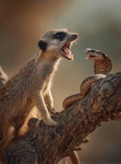 Meerkat and snake on a branch, intense stare-down