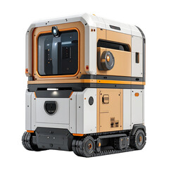 Futuristic Autonomous Delivery Robot with Modular Design and Tracked Mobility, Isolated on transparent background. Transparent Isolated Element PNG