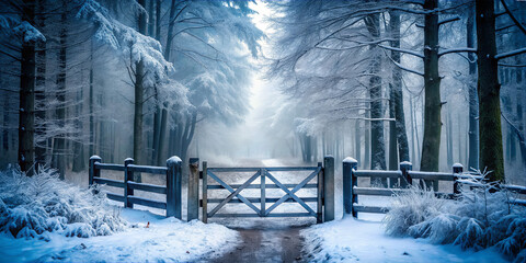 Snow-covered forest with a wooden gate at dawn in winter