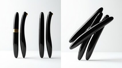 Elegant Black Mascara Wands and Tubes on White Background Keywords: mascara, cosmetic, beauty