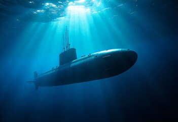 Military submarine diving underwater in deep blue ocean, showcasing modern naval warfare technology, stealth defense vessel, nuclear power, torpedoes, missiles, strategic maritime security.