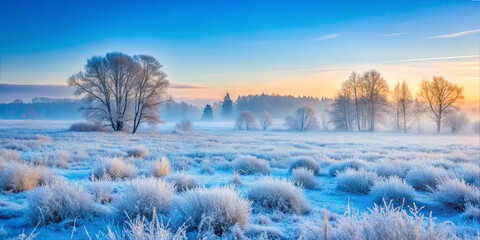 Obraz premium Frost covers a quiet field with trees in the background during early morning light in winter