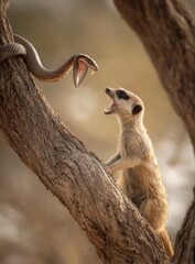 Meerkat and snake face off on tree branch