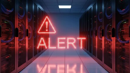 Alert notification displayed in a data center, illuminated in red lights, highlighting the urgency of the situation, showcasing server racks and digital technology - Powered by Adobe
