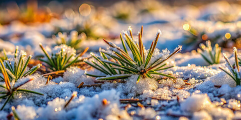 Morning light shines on frozen pine needles and snow in a forest clearing during winter