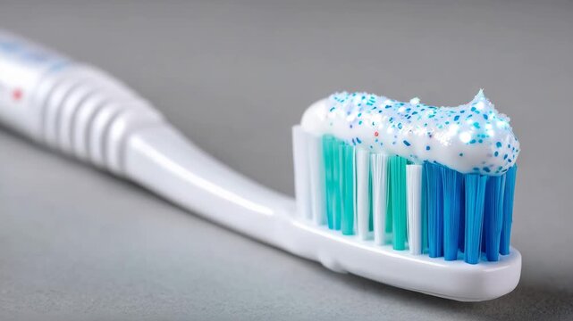 226Toothbrush angled slightly, thick stripe of toothpaste glowing under studio light, bristles in sharp focus against simple light-colored background
