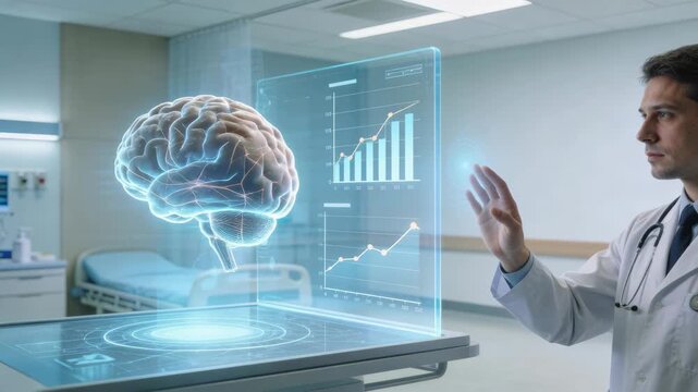 A doctor interacts with a holographic brain display in a modern hospital.