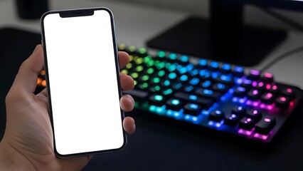 Hand holding smartphone with blank screen and colorful keyboard in background for tech presentation