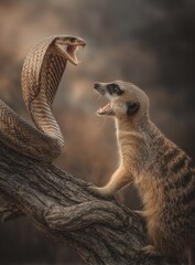 Confrontational meerkat and snake on a tree branch