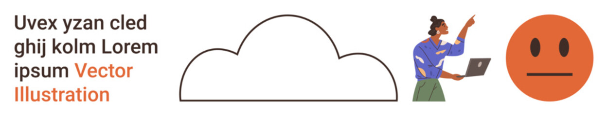 Cloud technology, digital communication, online data storage, modern computing, creativity, emotion visualization. Person using laptop with a cloud and face icons. Cloud technology and digital