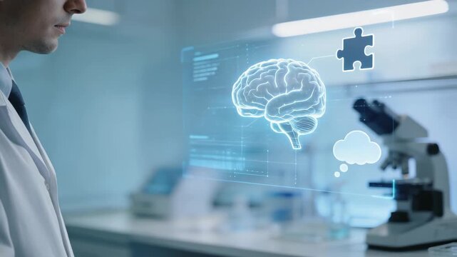 A doctor interacting with a holographic brain interface in a lab.