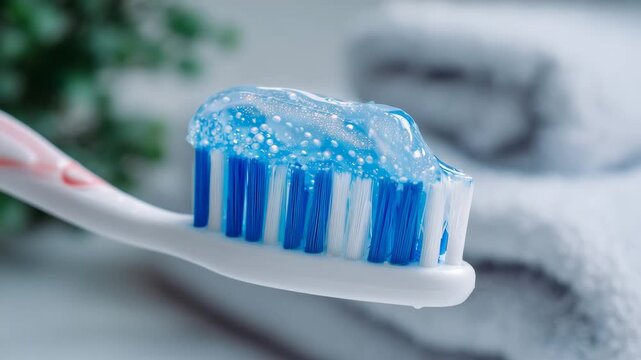 229Close-up view focusing on the smooth glossy toothpaste applied to toothbrush bristles, light background emphasizing clinical freshness and dental care