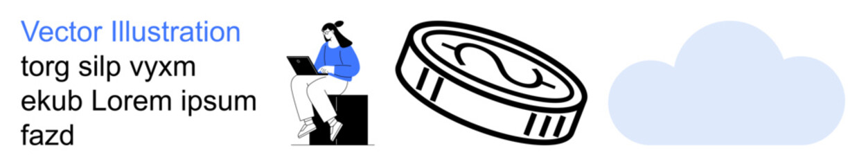 Online services, digital currency, cloud storage, business, finance, e-commerce. Woman works on a laptop, coin and cloud icons beside her. Digital currency and cloud storage concept