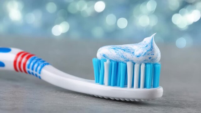 233Toothbrush with a generous ribbon of toothpaste, sharp focus on bristle detail, simple light gradient background for clean, minimalistic look