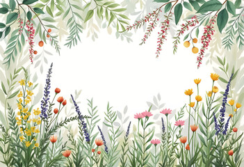 Colorful wildflowers bloom in a lush garden, surrounded by various green leaves and branches. The illustration captures the beauty of nature during spring, inviting tranquility.