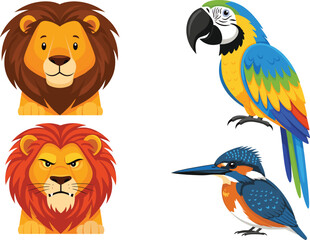 Wild Animal and Bird Illustration Set Featuring Lion Faces, Colorful Parrot, and Kingfisher Icons for Wildlife Education, Nature Design, and Creative Projects