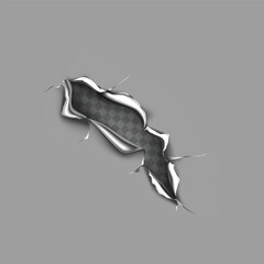 Realistic torn metal sheet effect revealing a transparent background with jagged edges and texture