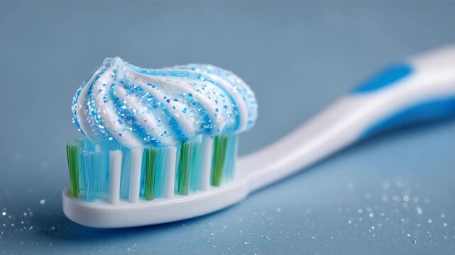 237Clean close-up of toothpaste spiraled on a toothbrush, soft studio lighting enhancing smooth texture, simple pale backdrop emphasizing freshness and dental hygiene