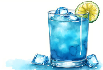 Refreshing blue cocktail filled with ice cubes and garnished with a lime slice sits on a table. The drink brings a vibrant summer feel, perfect for relaxing seaside moments.