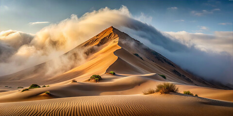 Desert landscape with mountains, clouds, and sand dunes during sunset in a remote area