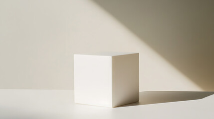 Fototapeta premium A minimalist still life featuring a solid white cube bathed in warm sunlight, casting a soft shadow against a neutral backdrop. Perfect for showcasing simplicity and modern design.