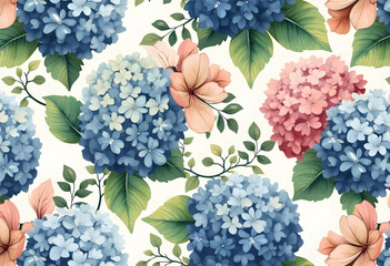 A vibrant design showcases clusters of hydrangeas in blue, pink, and lavender surrounded by green leaves. Delicate flowers add charm to the overall floral composition.