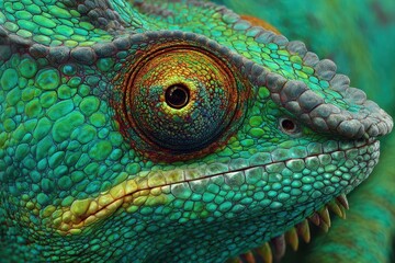 Vibrant Close-Up of a Green Chameleon: Detailed View of its Colorful Face and Eye