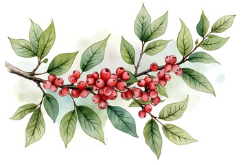 A detailed watercolor illustration depicts a branch adorned with clusters of small, ripe red berries and vibrant green leaves, bringing a natural and refreshing aesthetic.