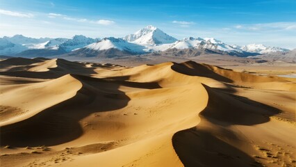 Sand dunes in a desert with snow-capped mountains in the background under a clear blue sky