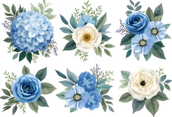 Various flower arrangements showcase a blend of blue and white blooms surrounded by lush greenery, creating an elegant and tranquil atmosphere suitable for decoration.