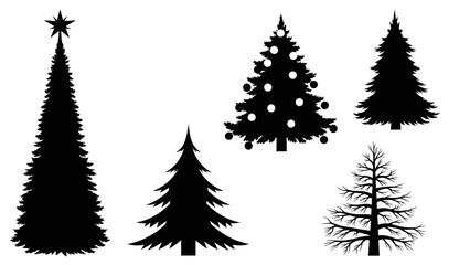 Fototapeta premium Collection of christmas tree silhouettes decorated, plain, tall, small, bare black vector graphics