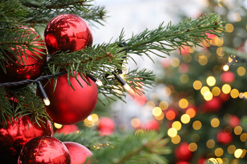 Christmas tree with red toy balls and festive illumination, golden lights on background. New Year tree with toys
