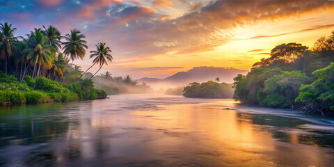 Beautiful river at sunset with palm trees and mountains in the background