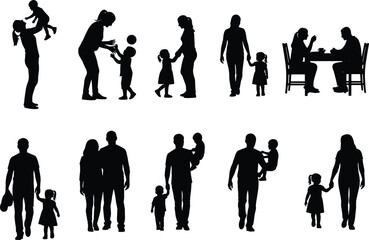 Family silhouette activities set isolated on white background, parents and children daily life moments, love care bonding, vector illustration