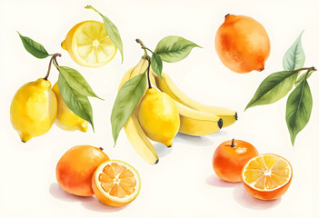 A vibrant display of lemons, oranges, and bananas rests against a light background, highlighting the natural colors and freshness of the fruits. Each fruit is beautifully detailed.