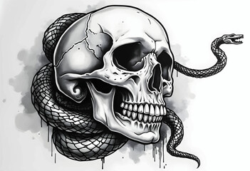 A striking illustration features a skull intertwined with a snake, showcasing intricate details and a bold, dark aesthetic. The design highlights themes of mortality and danger.