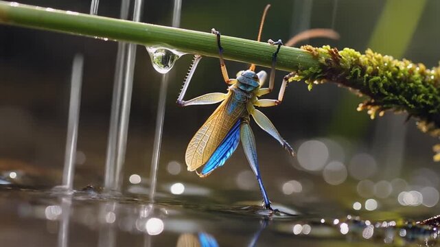Close-up of a delicate insect with blue wings hanging from a wet green stem over water.