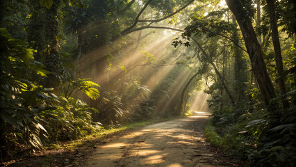 Sunlight shines through trees on a dirt path in a forest during morning