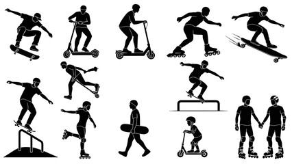 Collection of black silhouette icons depicting extreme sports and urban mobility skateboarders, scooter riders, rollerbladers, and friends holding hands