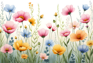 A beautiful display of wildflowers fills the garden, featuring a mix of pink, blue, and yellow blooms. The fresh greenery complements the colorful petals, capturing the essence of spring.