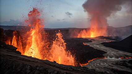 Erupting volcano spewing lava at sunset in a remote landscape