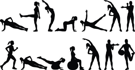 Fitness woman silhouettes set workout exercise yoga stretching running training poses isolated black female figures on white background collection