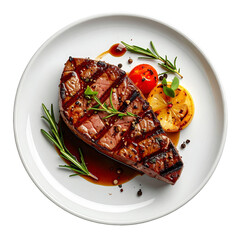 Perfectly Grilled Steak with Rosemary, Roasted Tomato, and Lemon on a White Plate, Overhead View for a Gourmet Meal. PNG Cut Out Transparent