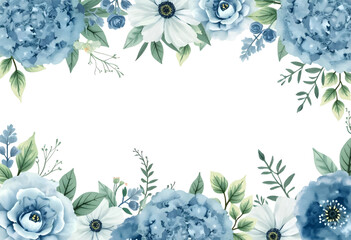 A beautiful collection of blue flowers and green foliage outlines the edges of a white background, perfect for invitations or greeting cards in a serene setting.
