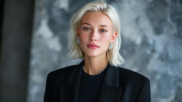 252Modern portrait of platinum blonde woman in tailored black attire, clean studio backdrop with high-end fashion aesthetic